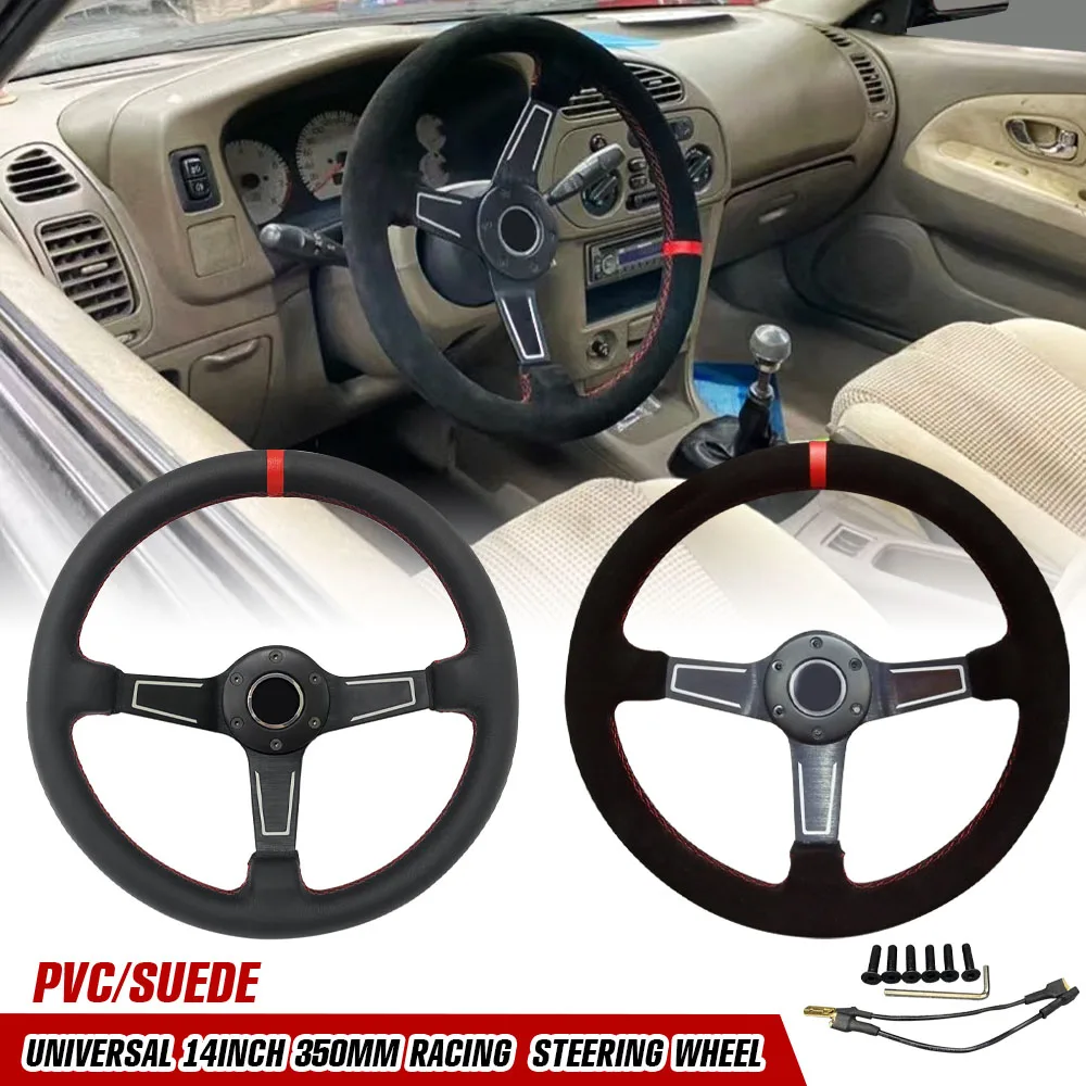 

14inch 350mm Racing Suede Steering Wheel Fashion Car Sport Drift Red Spokes Steering Wheel Universal With Spar* LOGO