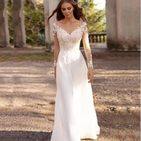classic v neck lace appliques long sleeves wedding dress button decoration back chiffon train robe de mari%c3%a9e 2022 custom made