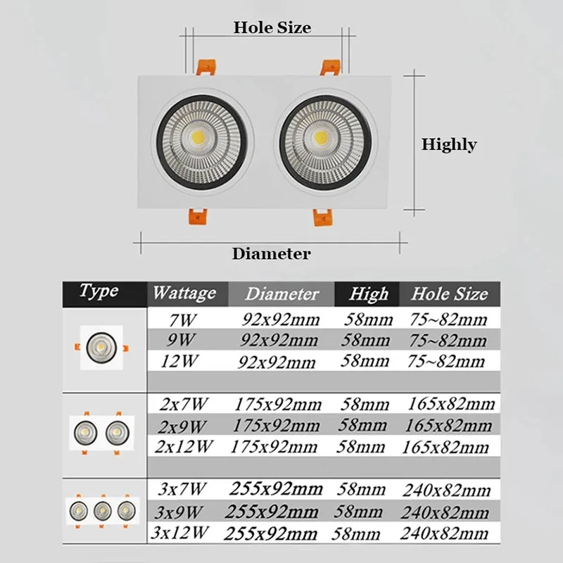 Квадратные встраиваемые светодиодные светильники COB с регулируемой яркостью 7 Вт