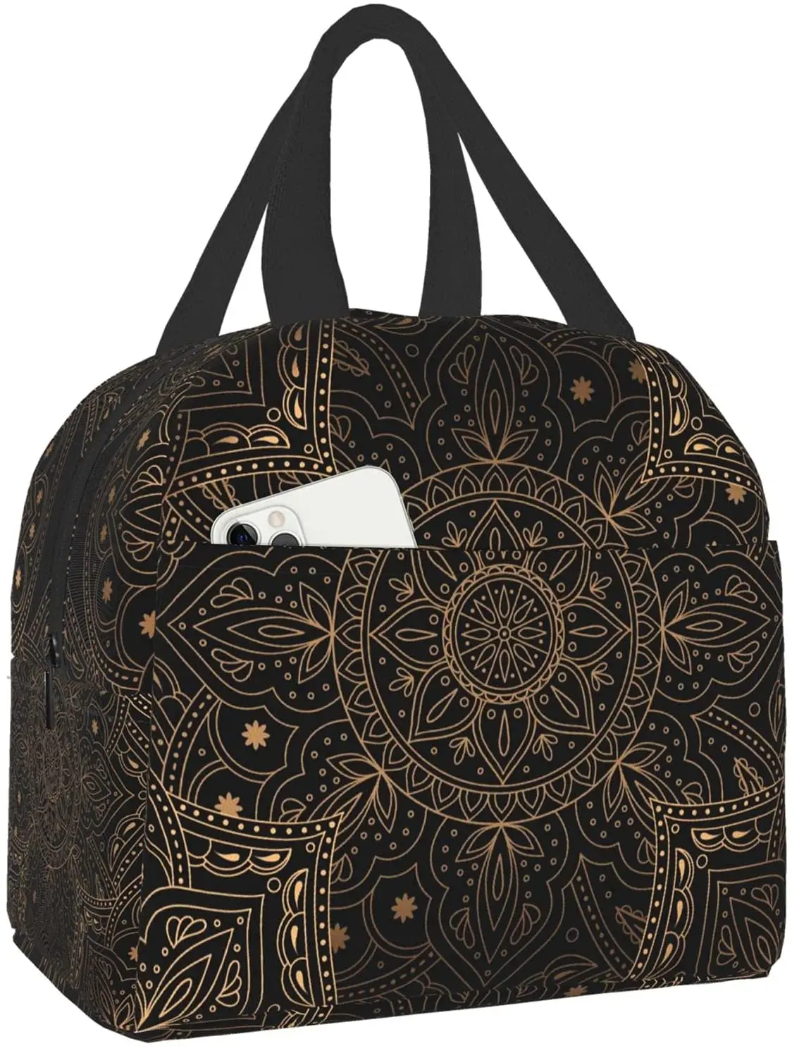 

Lunch Bag for Women Luxury Oriental Mandala Royal Retro Floral Black Antique Insulated Lunch Box Cooler Tote for Work School