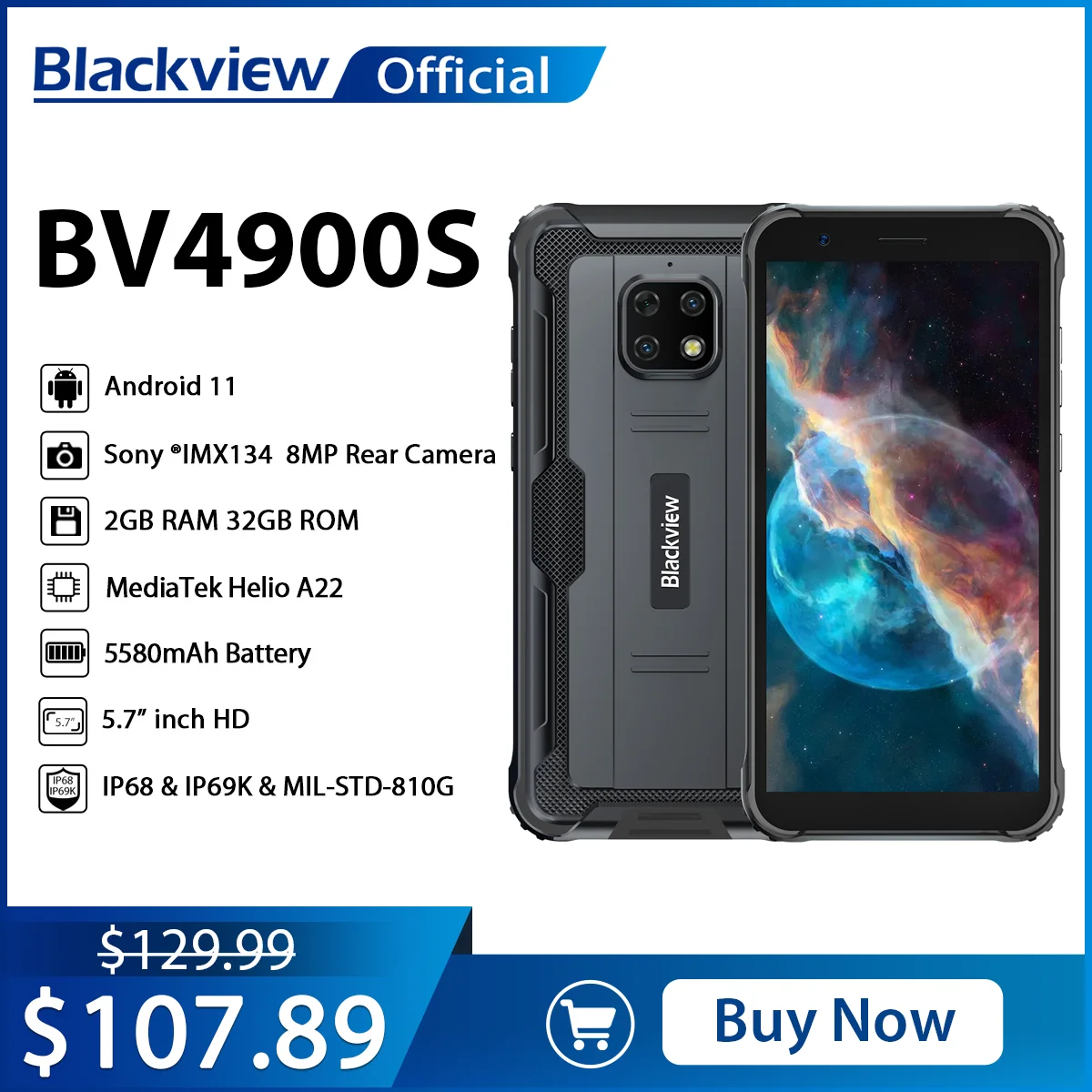 

Blackview BV4900S Smartphone IP68 Rugged Waterproof Cellphones Android 11 Octa Core 2GB 32GB Mobile Phone 5580mAh 5.7inch Phones