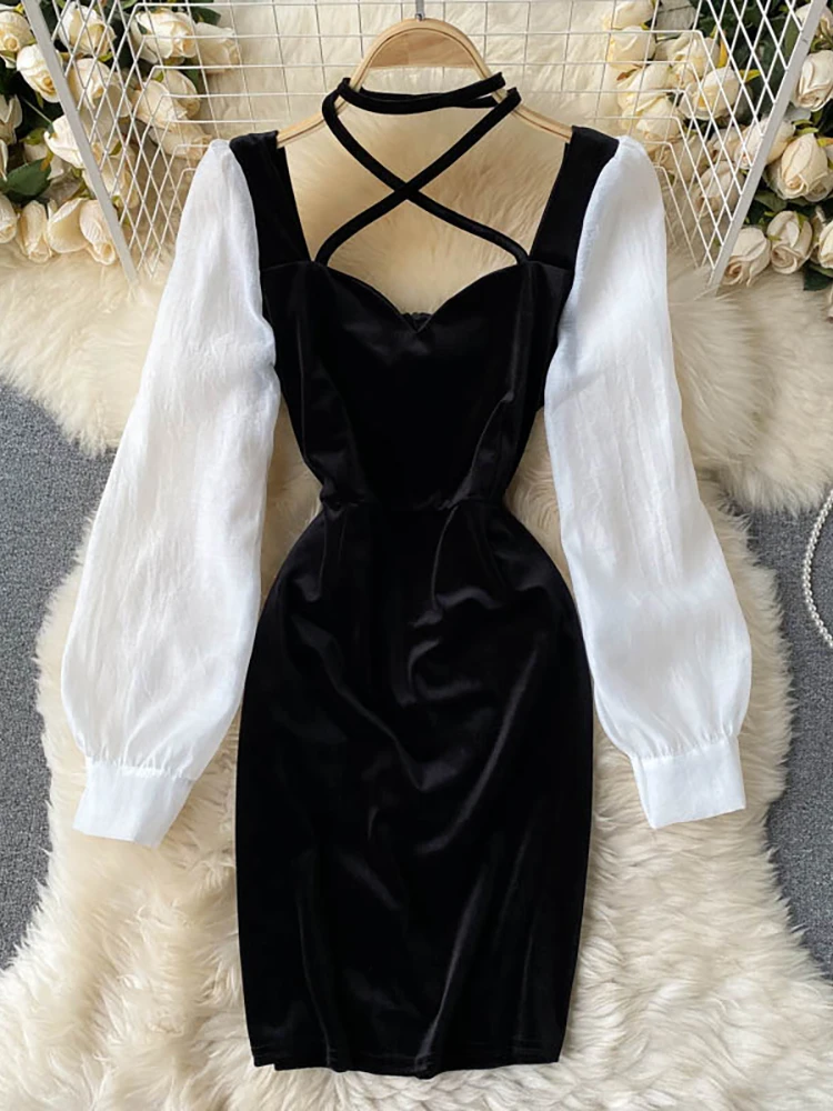 

Autumn Winter Black/White Patchwork Dress For Women Sexy Halter Long Sleeve Party Dresses Female Velvet Vestidos New Fashion