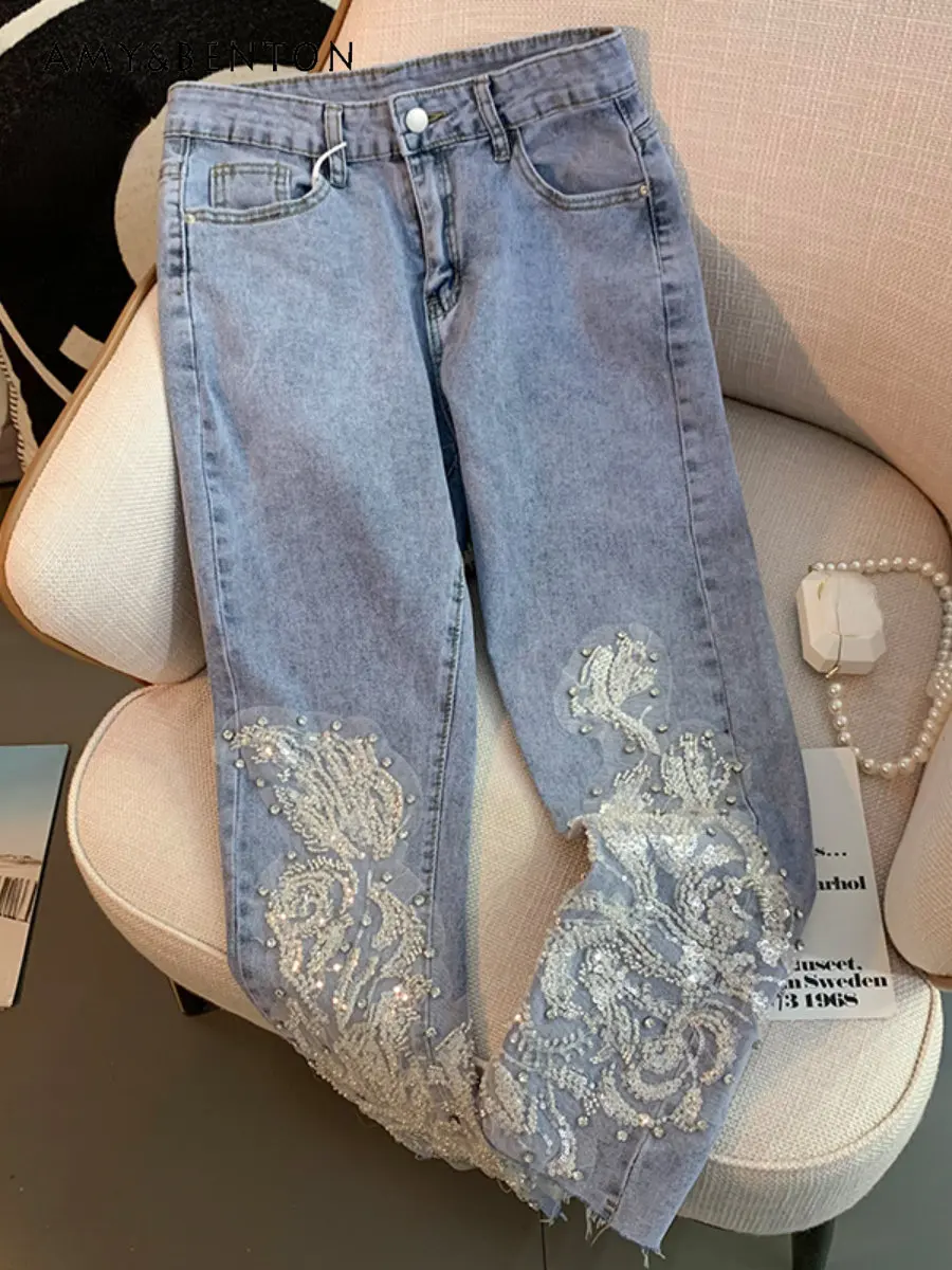 Stitching Mesh Sequins Rhinestone Fashion Stretch Jeans Women's High Waist Slimming Casual Trousers Spring Summer Denim Pants