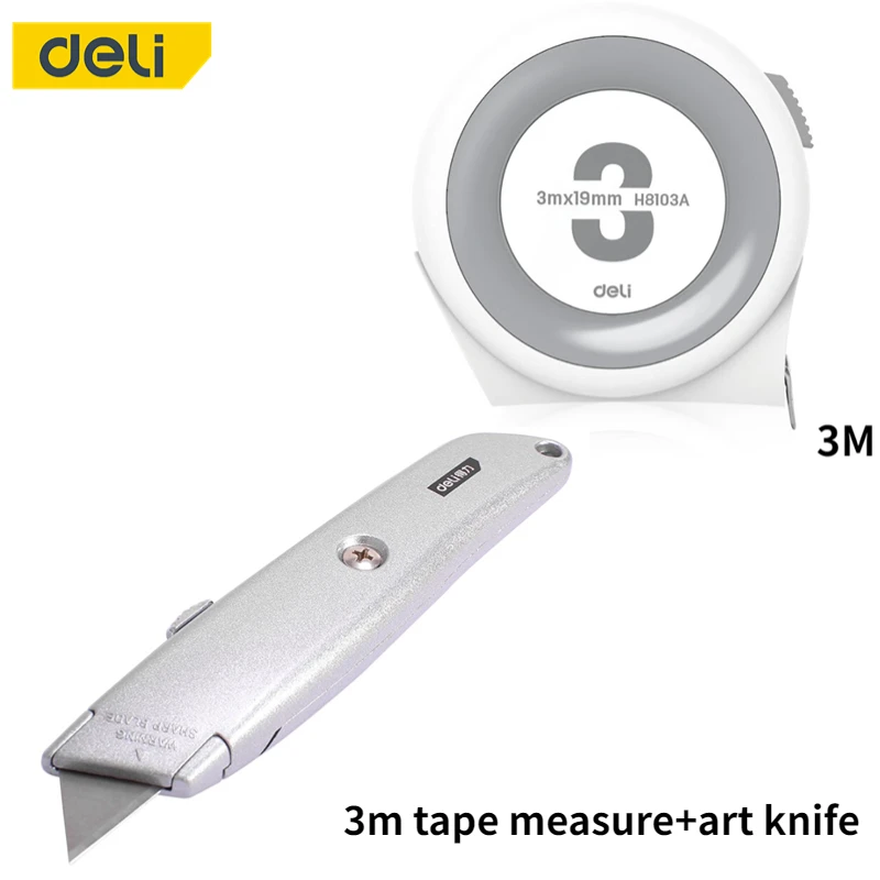 Deli Tape 3M 5M ABS Shell Steel Tape Stainless Steel Multi purpose Art Knife Paper Cutter Woodworking Combination Tool