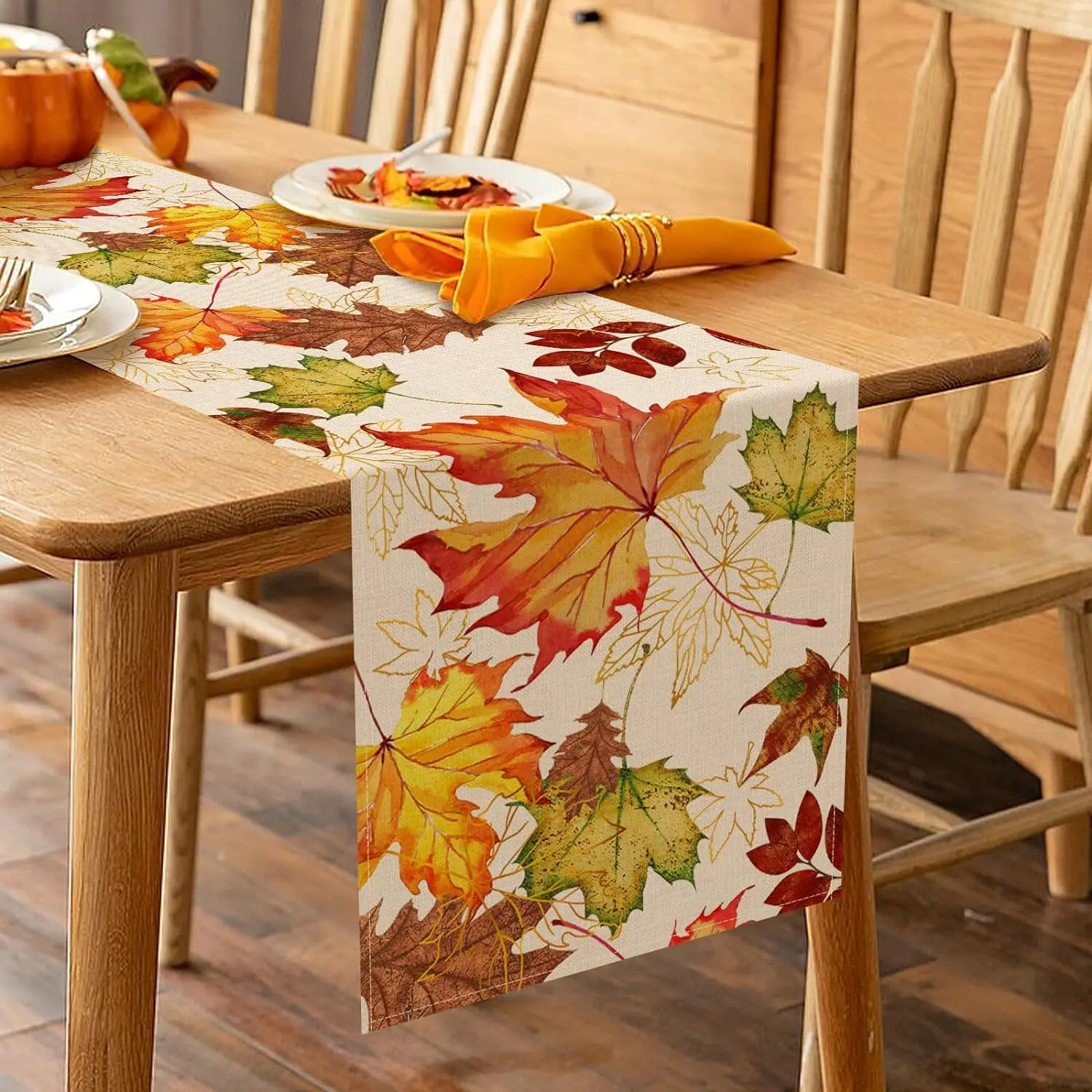 Осенняя льняная дорожка для стола с кленовыми листьями на День благодарения