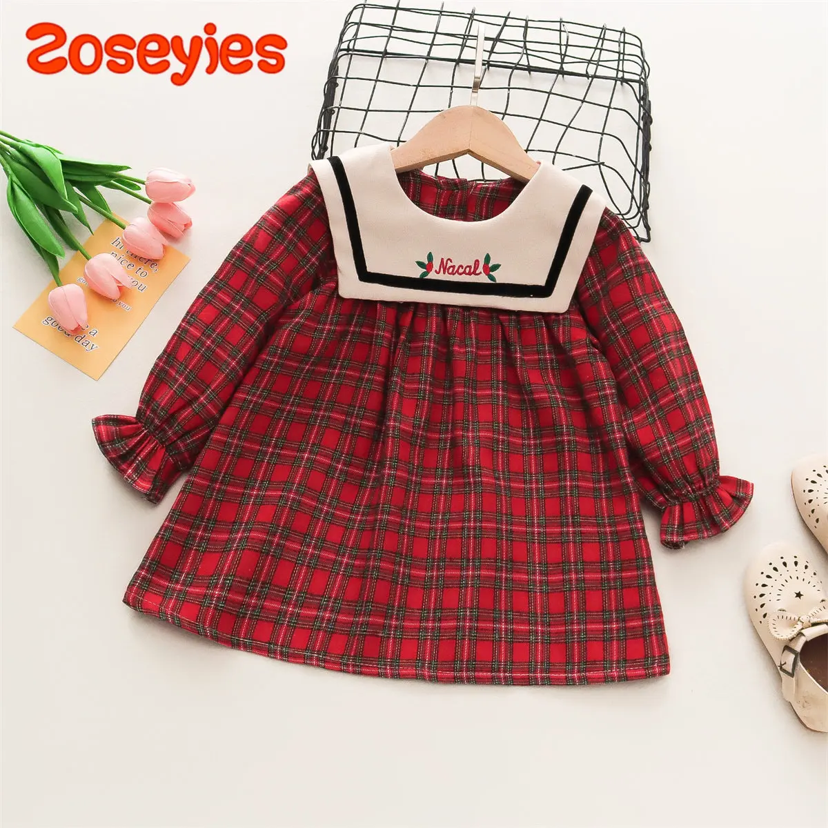 

Весенне-осеннее платье с длинным рукавом для девочек, модное универсальное Повседневное платье с длинным рукавом и воротником-поло в шотландскую клетку