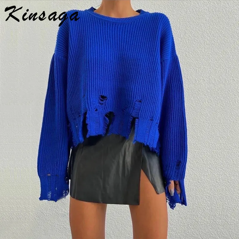

Fashion Y2k Tassel Hem Knitted Sweater Women Streetwear Oversize O-neck Long Sleeve Frayed Hole Female Grunge Jumper Pullover
