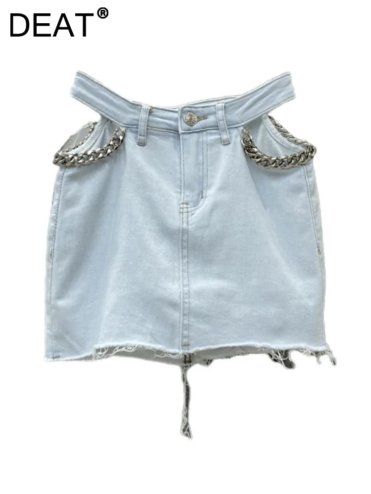 

DEAT Fashion Women Denim Skirt Chain High Waist Hollow Out Burrs Solid Color A-line Wrap Hip Mini Skirts Summer 2023 New 17A8532