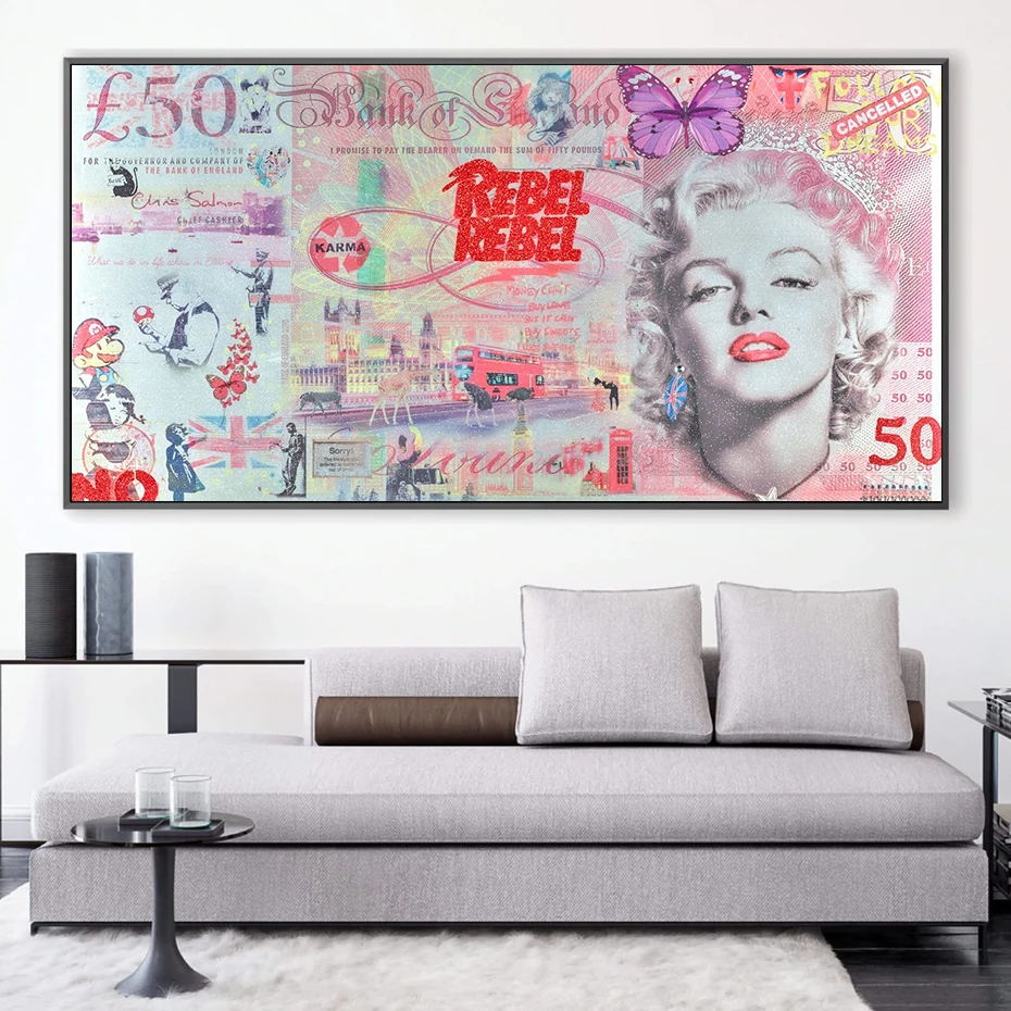 

Banksy Abstract Money Graffiti Painting Printed On Canvas Americas Foreign Coin Collection Posters Superstar Monroe HD Pictures