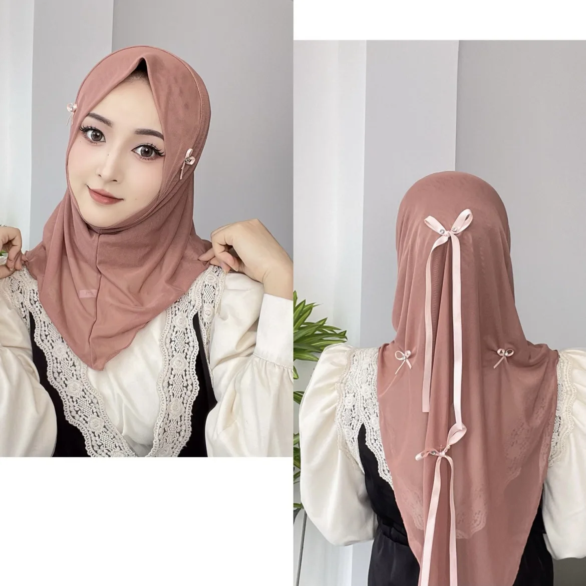 Мусульманский сетчатый хиджаб однотонный платок для женщин с бантом повязка на