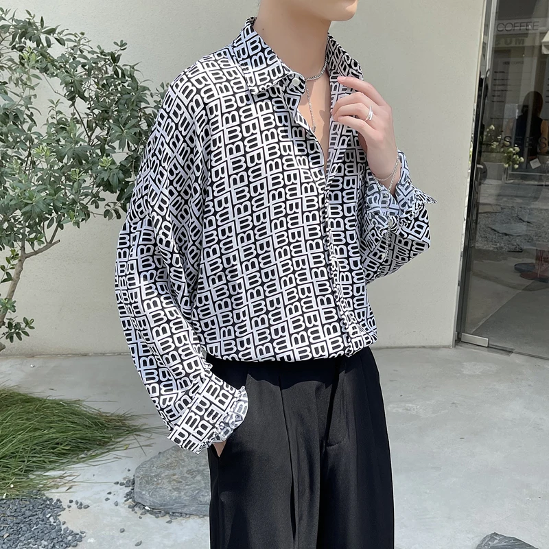 2022 Autumn Letter Printed Men Shirts  Long Sleeve Loose Casual Shirts Fashion Streetwear Personality Social Party Tuxedo Blouse