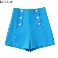 kohuijoo retro 2022 summer shorts women mid waist slim golden buttons double breasted wide leg casual formal shorts blue
