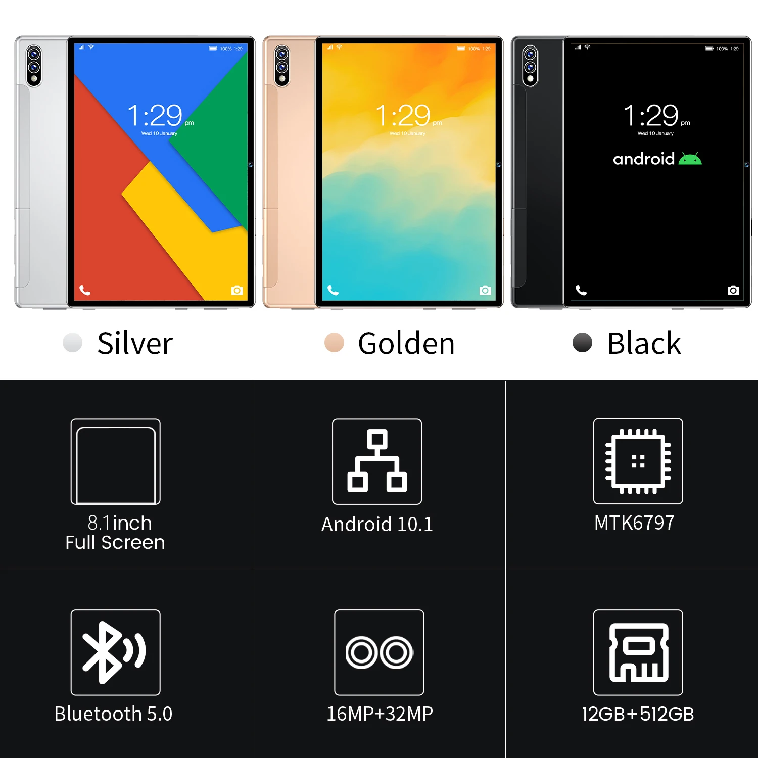 10 1-дюймовый планшет с поддержкой Android 8 1 16 Мп + 32 МП 512 ГБ 12 Гб |