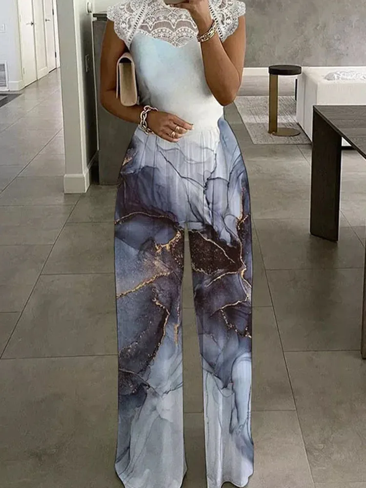 

Комбинезон женский кружевной с принтом, Элегантный Приталенный ромпер с круглым вырезом и широкими штанинами, офисный Повседневный Ромпер
