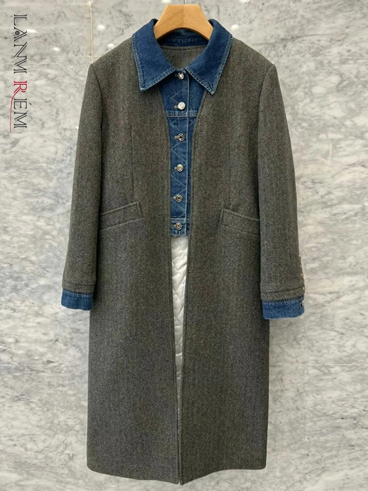 

LANMREM Korean Spliced Denim Wool Coat For Women Single Breasted Long Sleeves Designer Back Coats Casual 2023 Autumn New CP1738