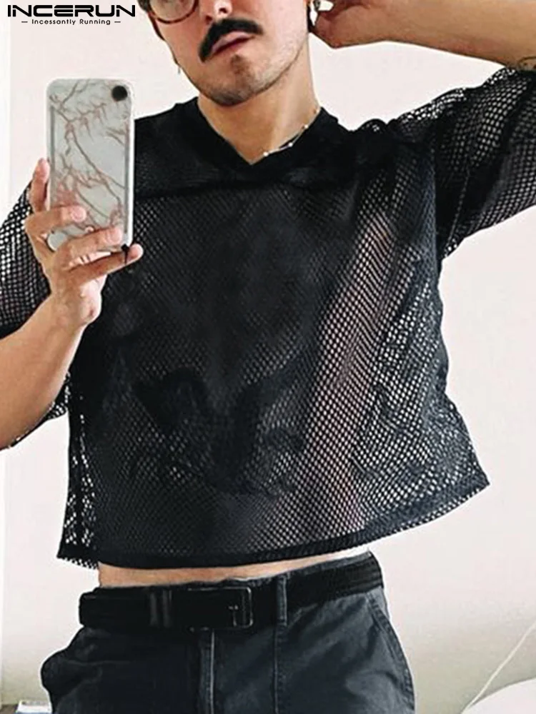 

Футболка INCERUN мужская с V-образным вырезом и полурукавами, прозрачная уличная одежда, воздухопроницаемая пикантная Модная рубашка, лето 2022