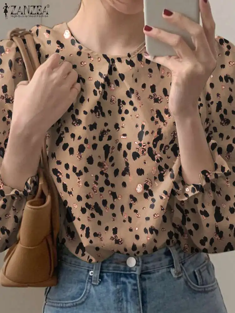 

ZANZEA Bohemian Women Shirts Fashion Leopard Printed Blouse Autumn Long Sleeve Ruffles Tunic Tops Female Elegant Work OL Blouses