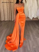 a line sexy high split prom formal evening dress strapless sleeveless court train satin with slit pure color 2022 custom made
