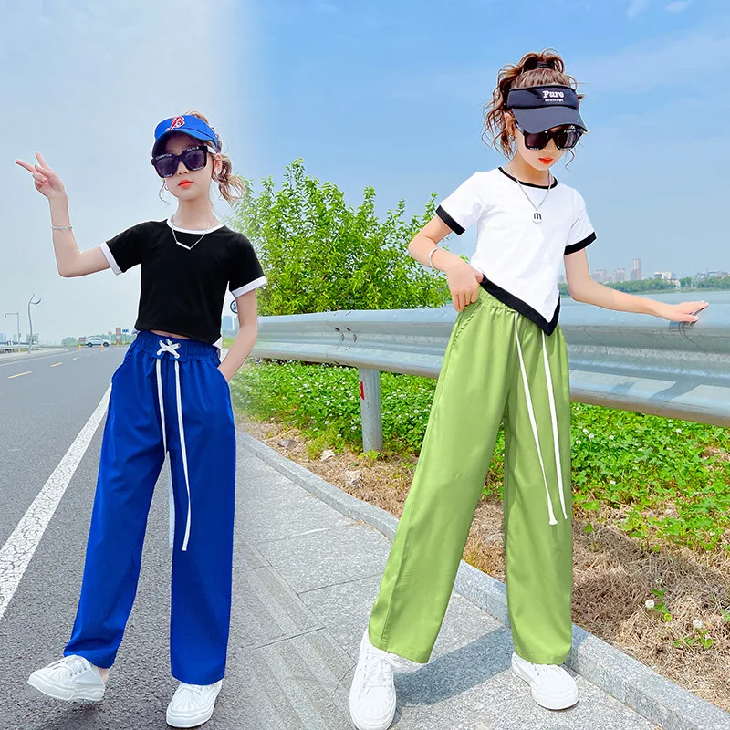 

Летний костюм для девочек, футболка с коротким рукавом и штаны, на возраст 6-10 лет