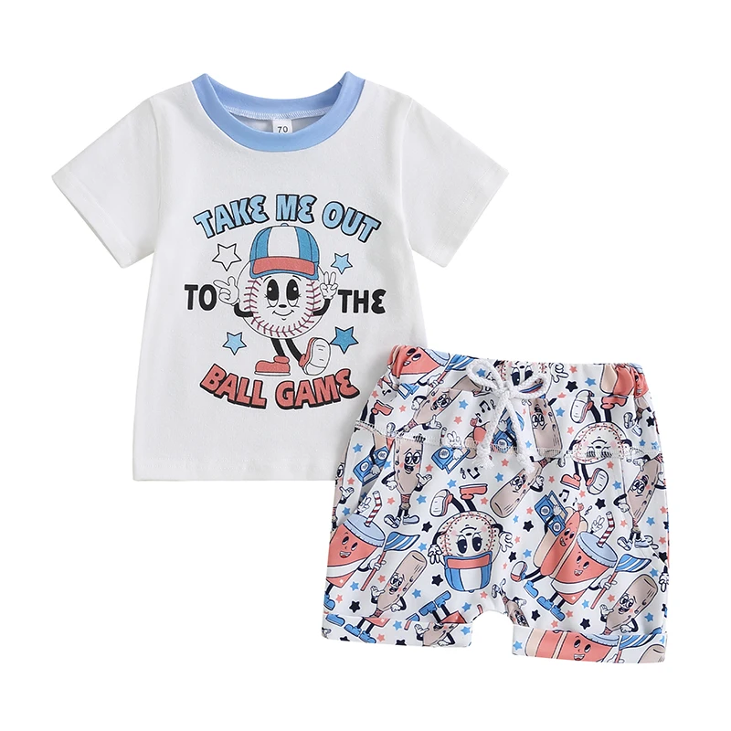 

Футболка с коротким рукавом и Бейсбольным принтом для девочек и мальчиков, эластичные повседневные шорты, комплект из 2 предметов, летняя одежда для малышей