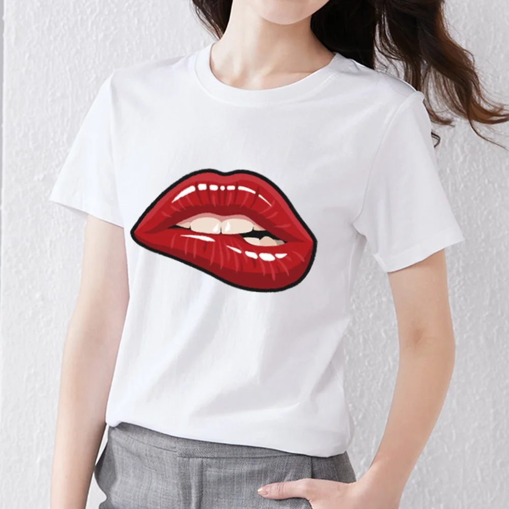 

Women's Classic White T-shirt 90s Retro Street Trend Sexy Lips Print Pattern Series Ladies Tops Ladies Soft Commuter T-shirts