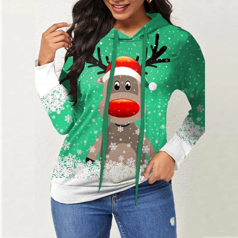 

Women's Casual Fashion Loose Hooded Drawstring Pullover Christmas Tops Streetwear Vintage 2021 Female Elk Print Sweatshirts Y2k