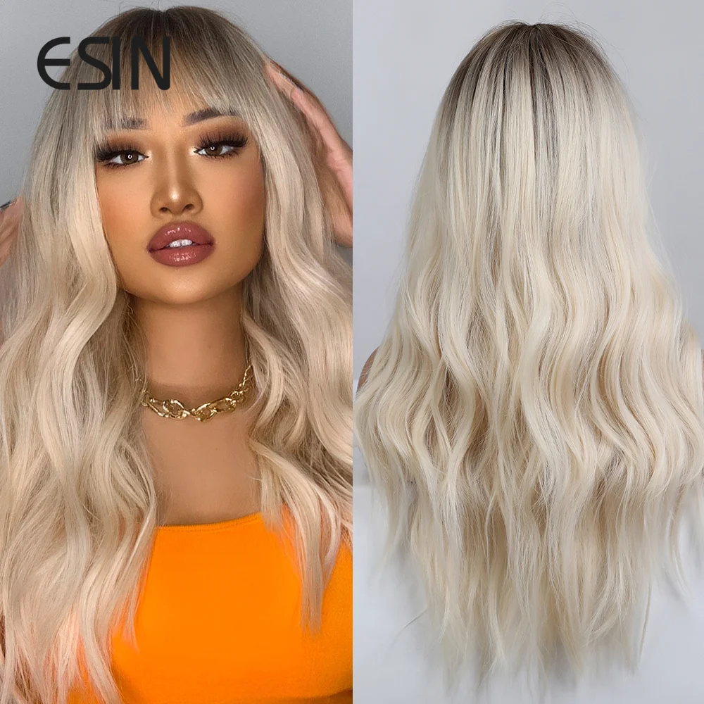 

ESIN Synthetic Ombre Dark Color Root to Light Blond Long Curly Wig with Bangs Wigs for Women High Temperature Daily Cosplay Hair