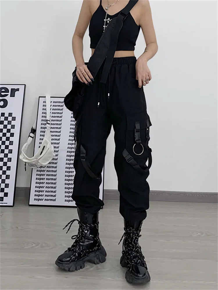 Deeptown Y2K Techwear Black Cargo Pants Women Goth Punk Streetwear Ribbon Trousers Oversize Harajuku Hip Hop Tactical Pantalones