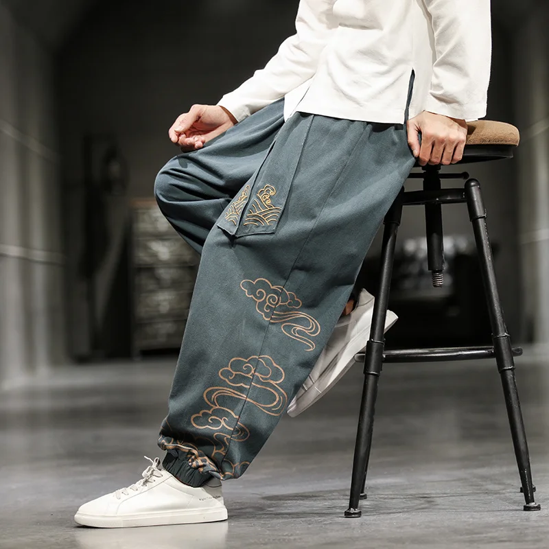 

2023 Men's Oversize Wied Leg Pants Harajuku Cotton Linen Casual Trousers Male Embroidery New Men Jogging Sweatpants Streetwear