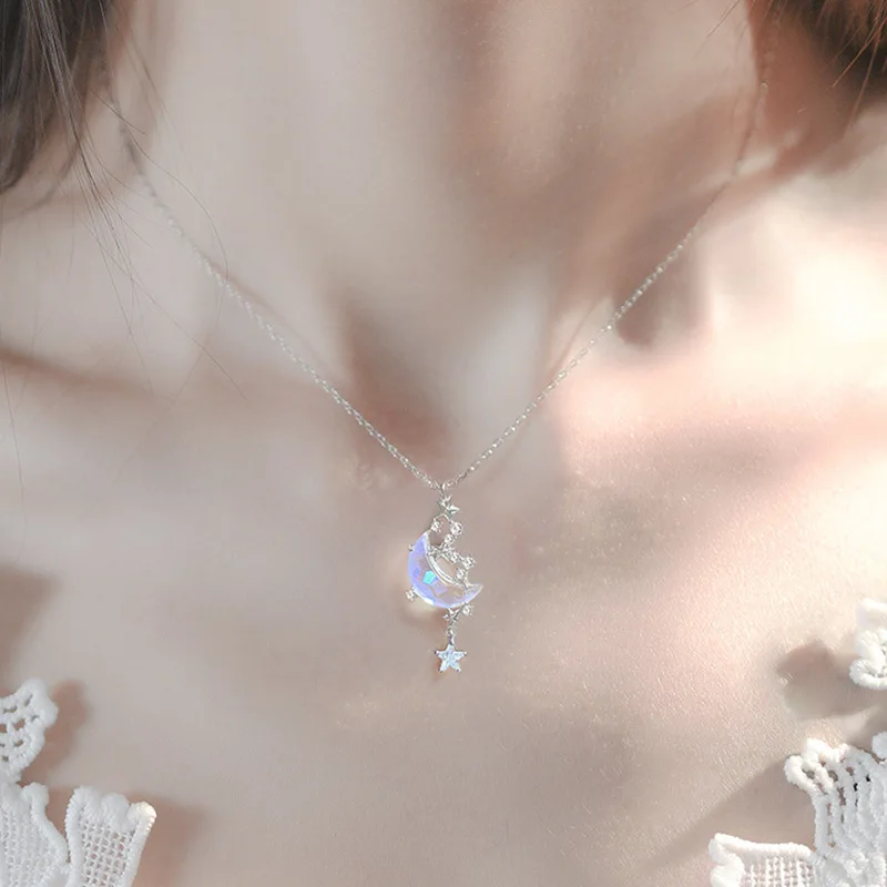

2022 925 Sterling Silver 3A Zircon Star Moon Moonstone Chain Necklace Woman Romantic Valentine's Day Anniversary Jewelry Gift