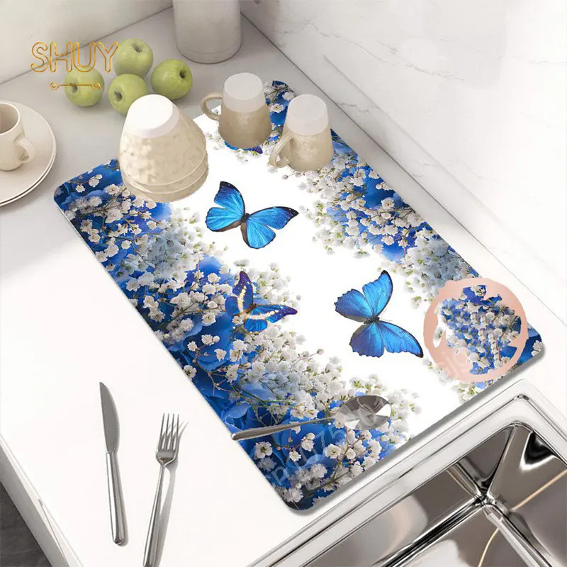 

Butterfly Pattern Kitchen Super Absorbent Drain Pad Drying Dishes Mat Non Slip Coffee Table Placemat Living Room Home Decoration