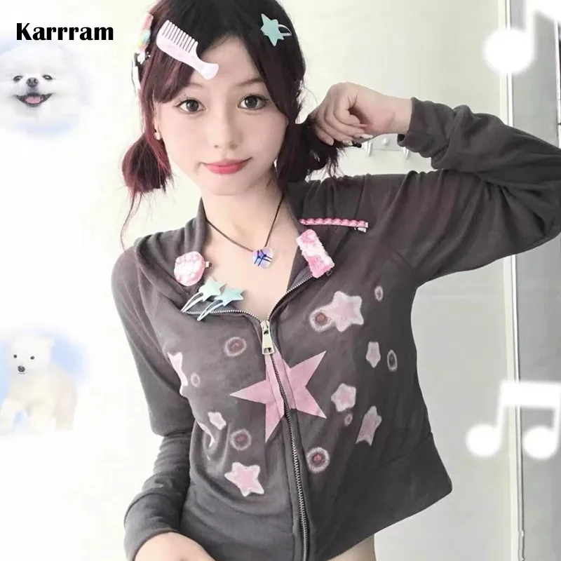 Karrram Y2k Aesthetics Hoodie 2000s Harajuku Kawaii Sweatshirt Grunge Japanese Thin Coat Fairycore E-girl Cute Crop Tops Sweet