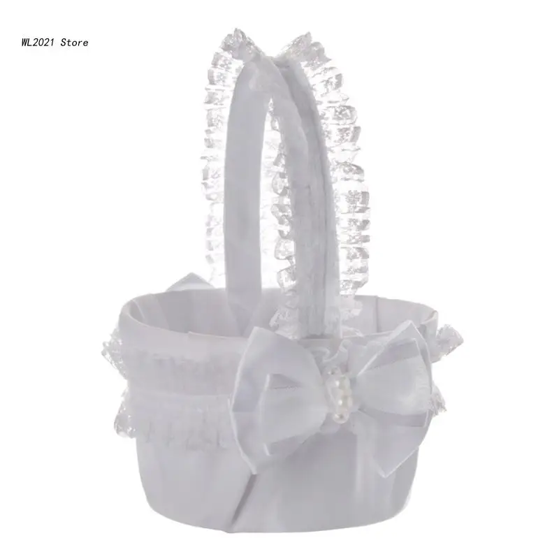 

Корзина для цветов для свадебной церемонии, белая атласная Подарочная сумка для конфет с кружевной ручкой