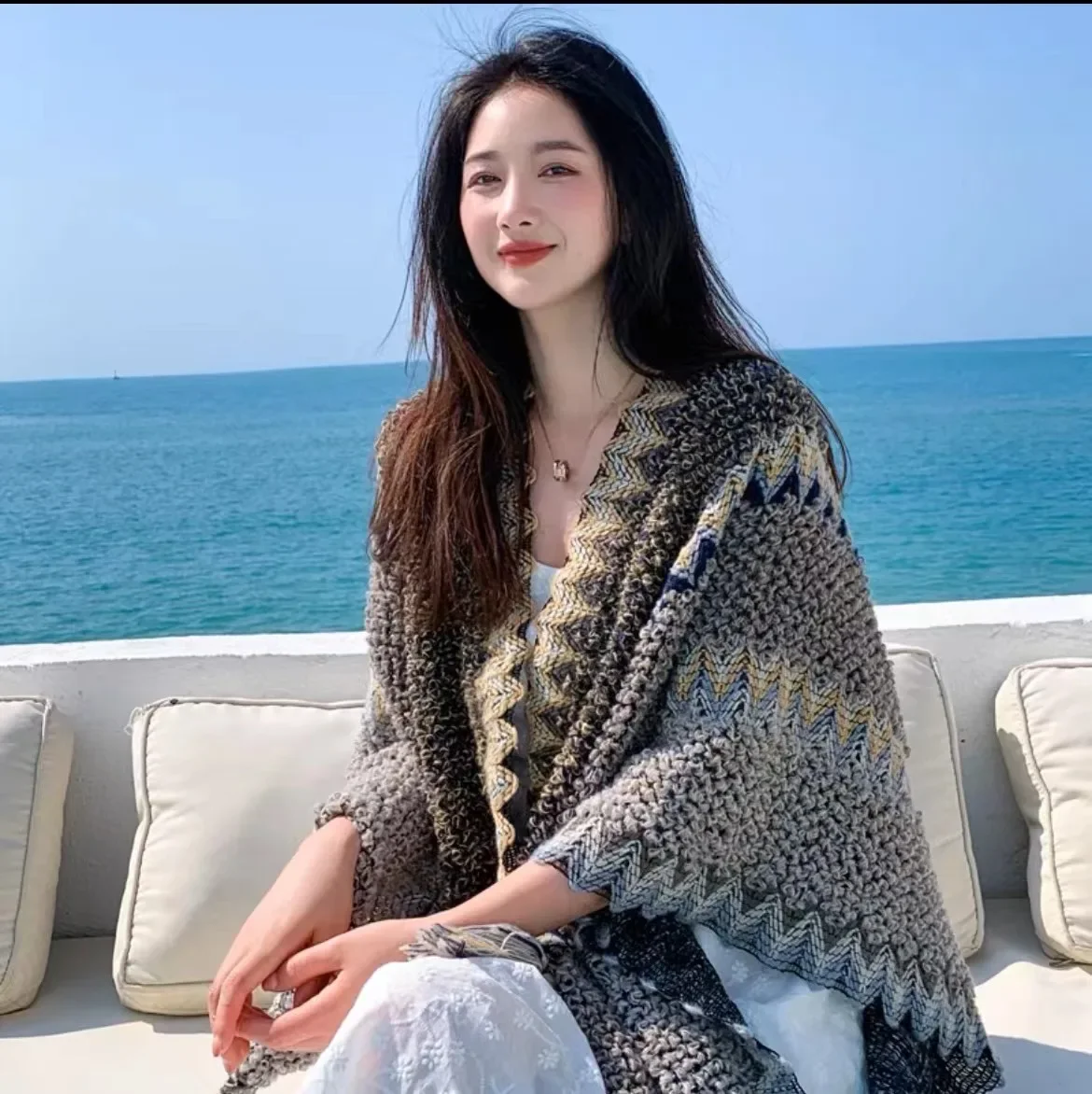 WeHello-пончо оверсайз для женщин свитер в полоску свободная накидка Женская шаль