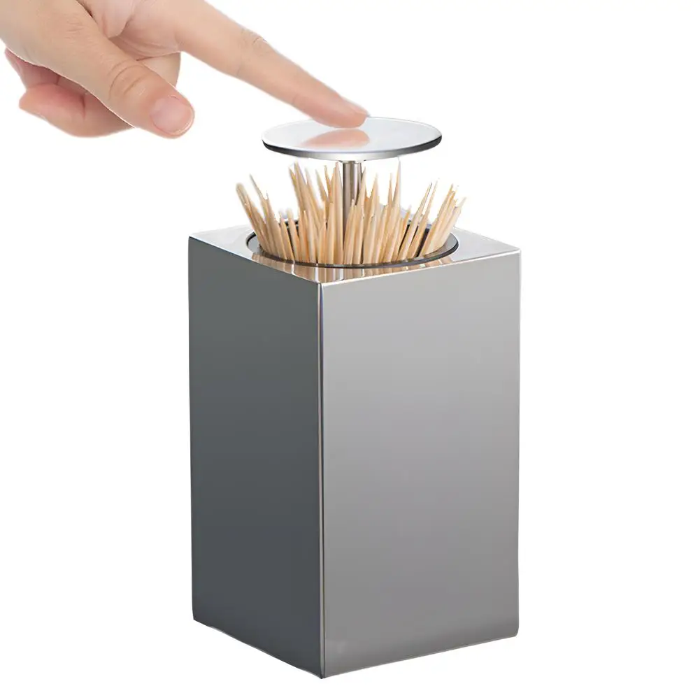 

Automatic Stainless Steel Toothpick Holder Dispenser Convenient Click Open Fashion Square Toothpick Storage Box