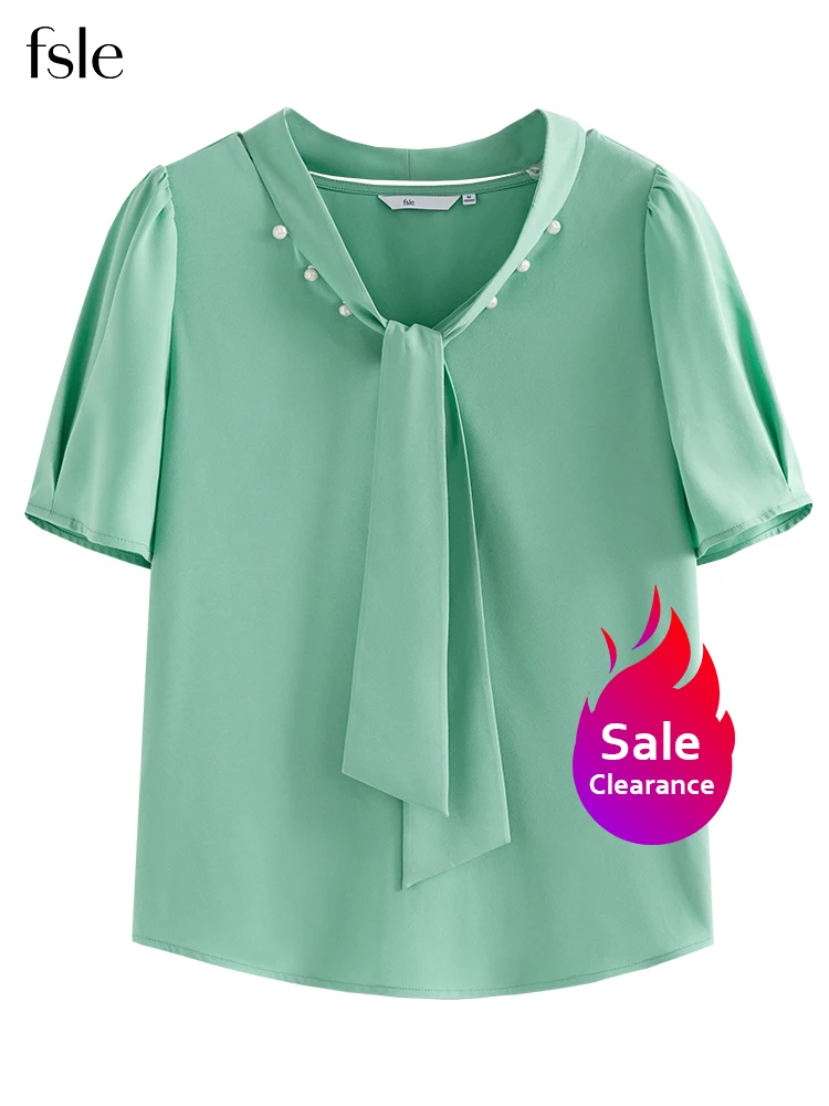 

FSLE V-Neck Casual Straight Women Shirt Detachable Ribbon Shirt Female Summer 2022 New Short Sleeve V-neck Chiffon Women Tops