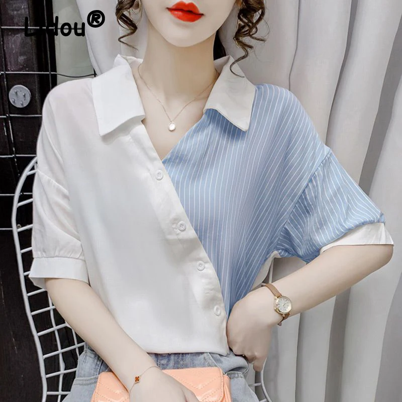 

Женская Асимметричная рубашка в полоску, Повседневная Свободная блузка контрастных цветов в стиле пэчворк с V-образным вырезом и коротким рукавом, лето