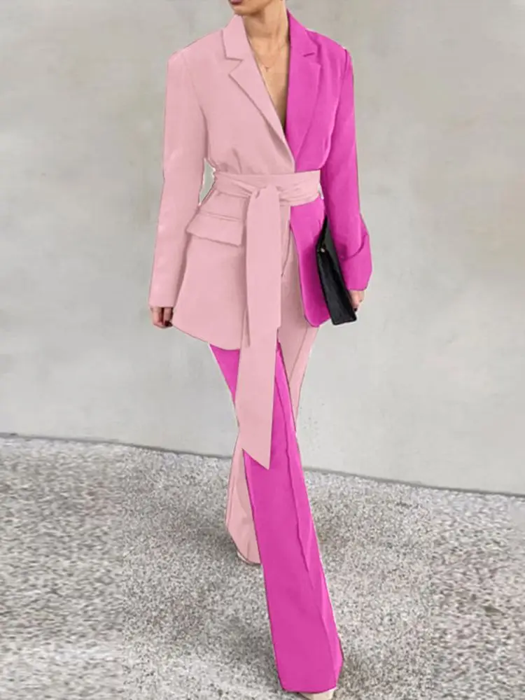 

VONDA 2022 Lady Long Sleeve Office Pant Set Lapel Belted Jacket Formal Turnip Suit Polyeser Color Patchwork Long Trouser Suit 4#