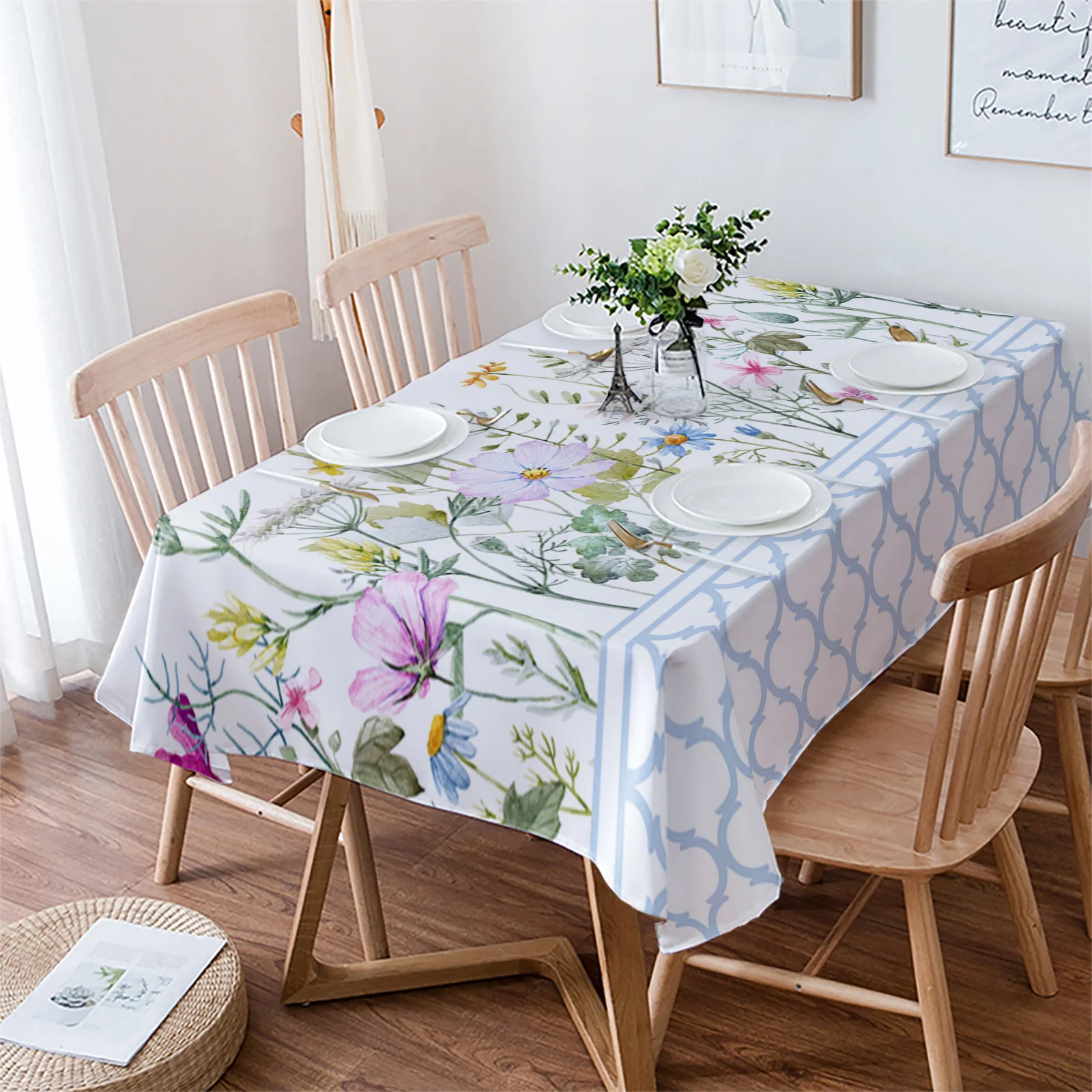 

Водонепроницаемая скатерть, водонепроницаемая белая круглая скатерть синего цвета в марокканском стиле, с весенними цветами, для обеденного стола, украшение для дома и кухни