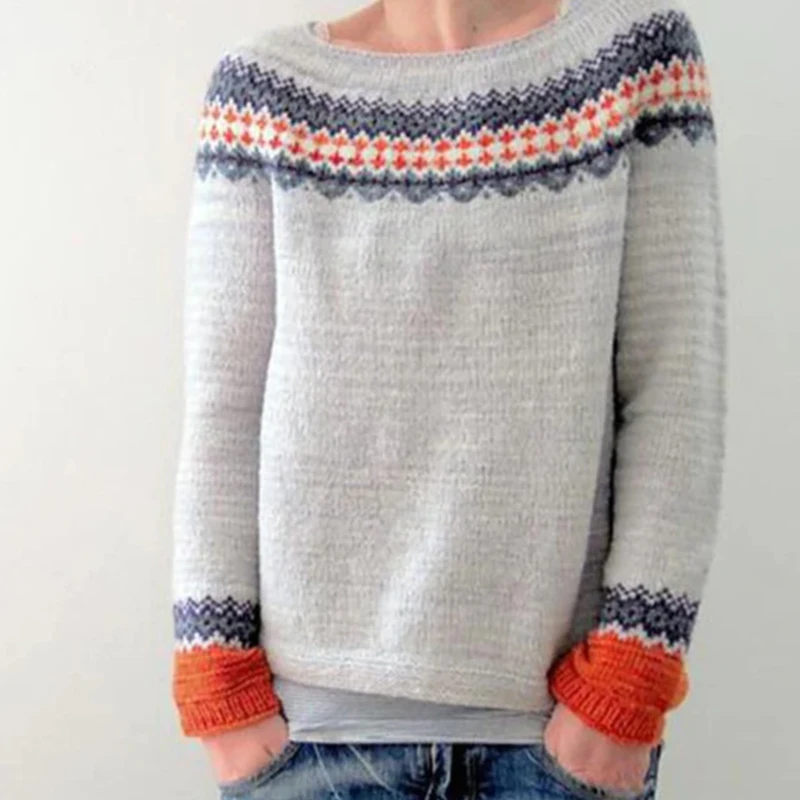 

Fashion Pattern Print Patchwork Knitwear Sweater Women Crew Collar Loose Autumn Pullover Winter Long Sleeve Tops Jumper Harajuku