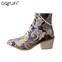 retro womens martin boots embroidery print ankle boots pointed toe short boots fashion frenulum casual shoes botas de mujer