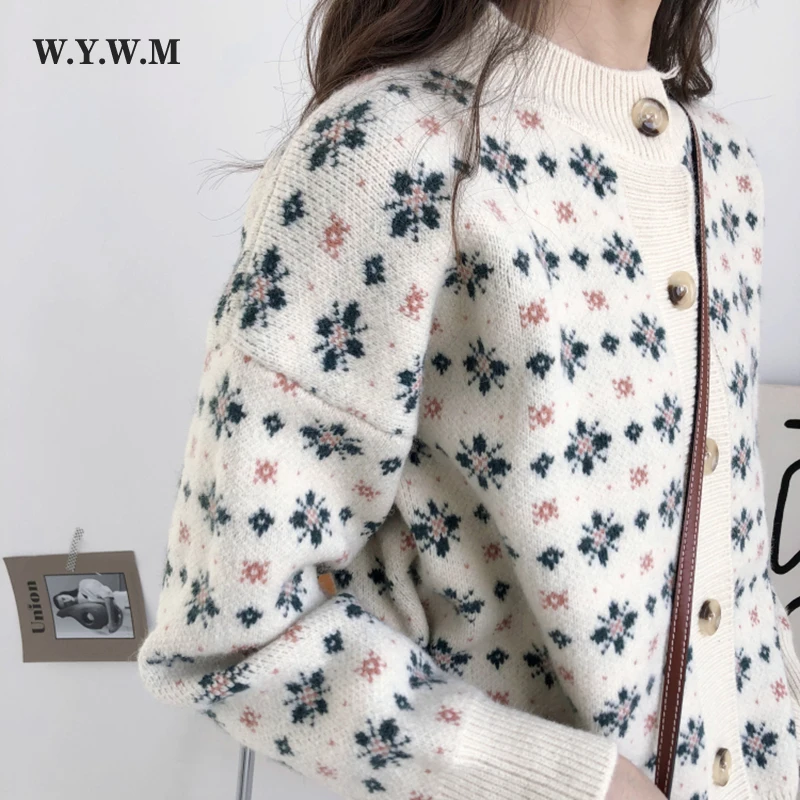 

WYWM 2021 Winter Knitted Cardigans Sweater Women Korean Chic Snowflake Pattern Coat Harajuku Long Sleeve Loose Female Clothing