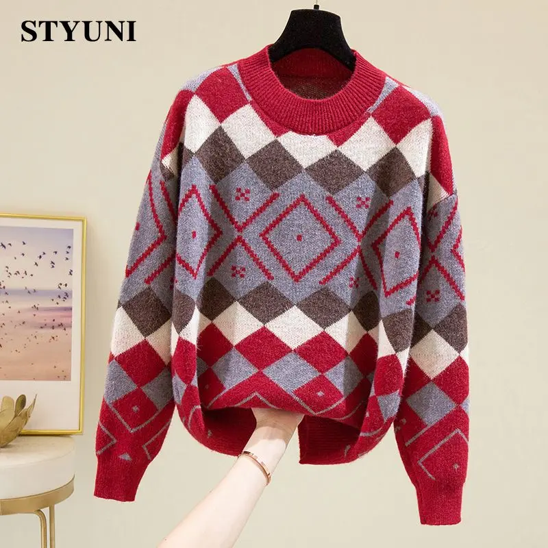 

Christmas Red Argyle Vintage Knitted Soft Loose Long Sleeve Women's Sweater Round-Neck Korean Fashion Pullover Jumpers Sweaters