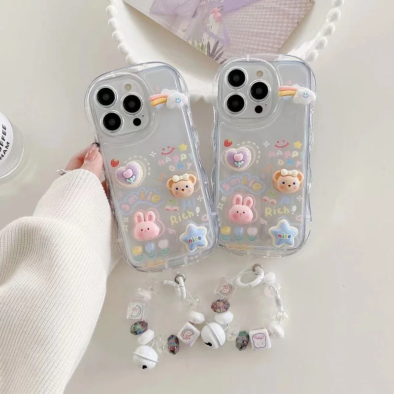 

3D Raised Bear Cloud With Bead Chain Suitable for iPhone XS XR 12 13 14 ProMAX Case Transparent All Inclusive Anti Drop Case