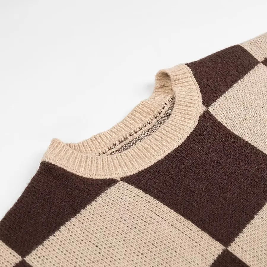 TRAFZA женский винтажный клетчатый свитер с круглым вырезом коричневый пуловер со