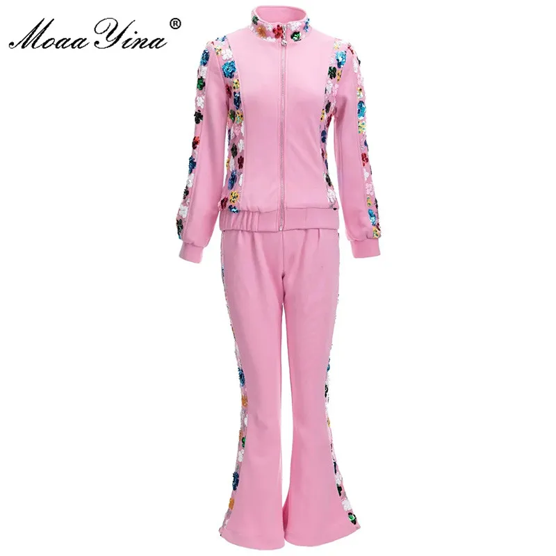 

MoaaYina Autumn Winter Runway Fashion Pink Pants Suit Women Long Sleeve Sequins zipper Coat +High waist Flare Pants 2 Pieces Set