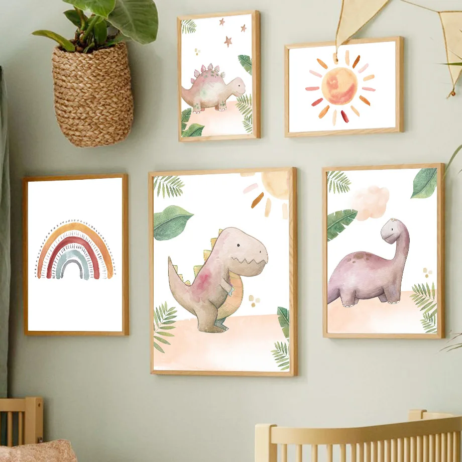 

Мультяшный милый динозавр Бохо солнце Радуга настенная Картина на холсте Смешные постеры и принты настенные картины для детской комнаты домашний декор