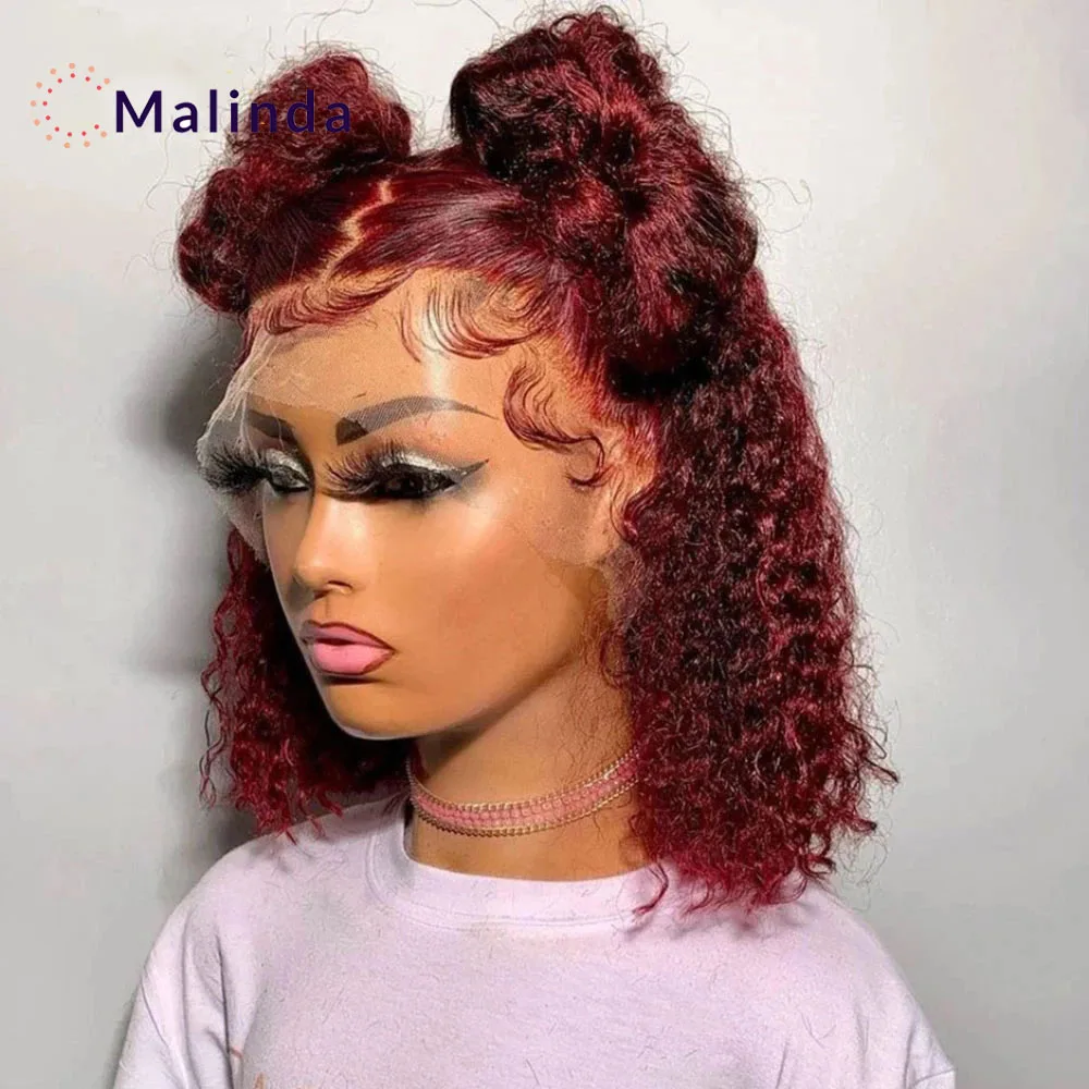 Burgundy Curly HD Transparent Lace Front Wigs For Women Brazilian 99J Red Colored Short Bob Straight Lace Frontal Human Hair Wig