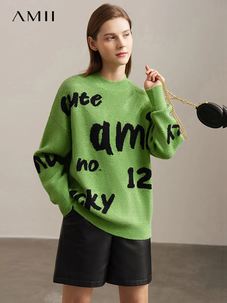 

AMII Minimalism Sweater Women 2022 Autumn Loose Letter Panelled Soft Fashion Commuter Elegant All-match Knitted Tops 72240111