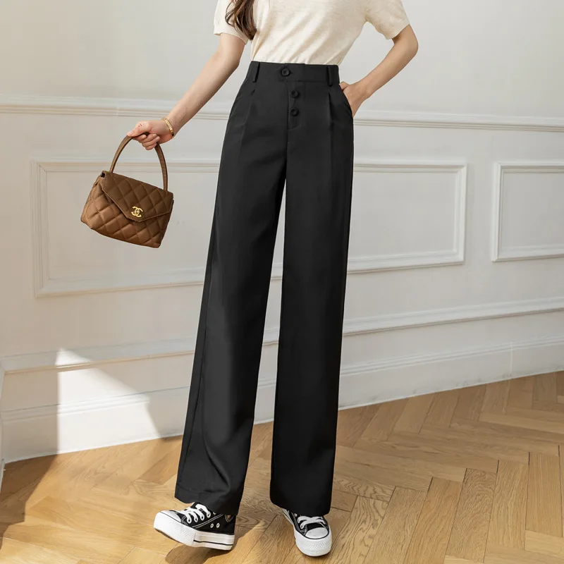2022 Spring and Summer New High Waist Loose Straight Suit Pants Drooping Slimming Mop Pants White Wide-Leg Trousers for Women